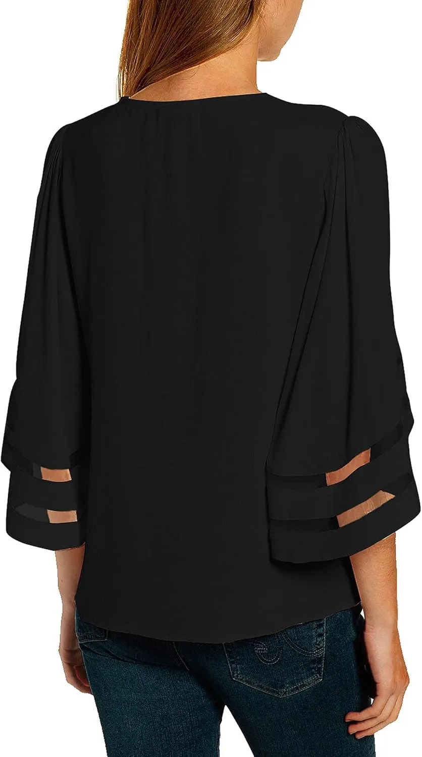 luvamia Women Casual Strappy V Neck Blouse 3/4 Bell Sleeve Mesh Panel Shirts Top