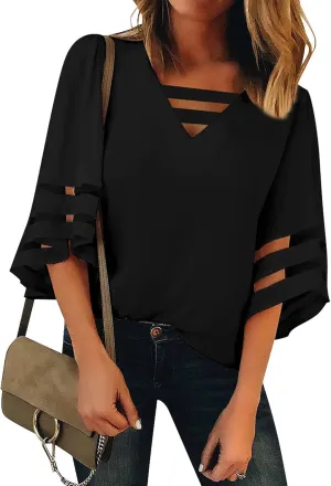 luvamia Women Casual Strappy V Neck Blouse 3/4 Bell Sleeve Mesh Panel Shirts Top