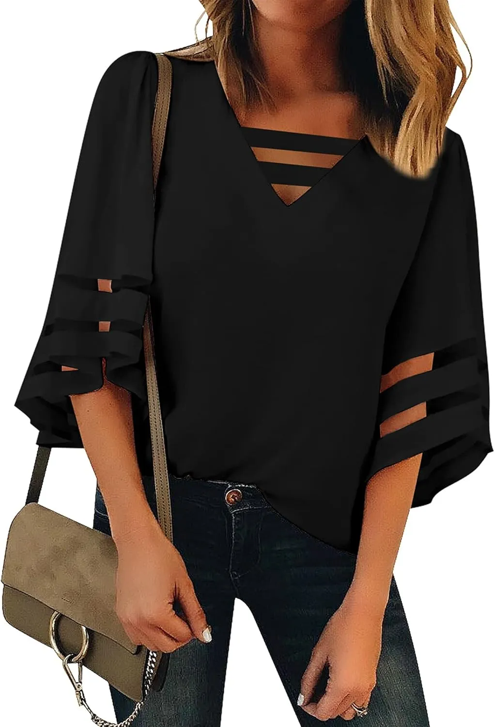 luvamia Women Casual Strappy V Neck Blouse 3/4 Bell Sleeve Mesh Panel Shirts Top