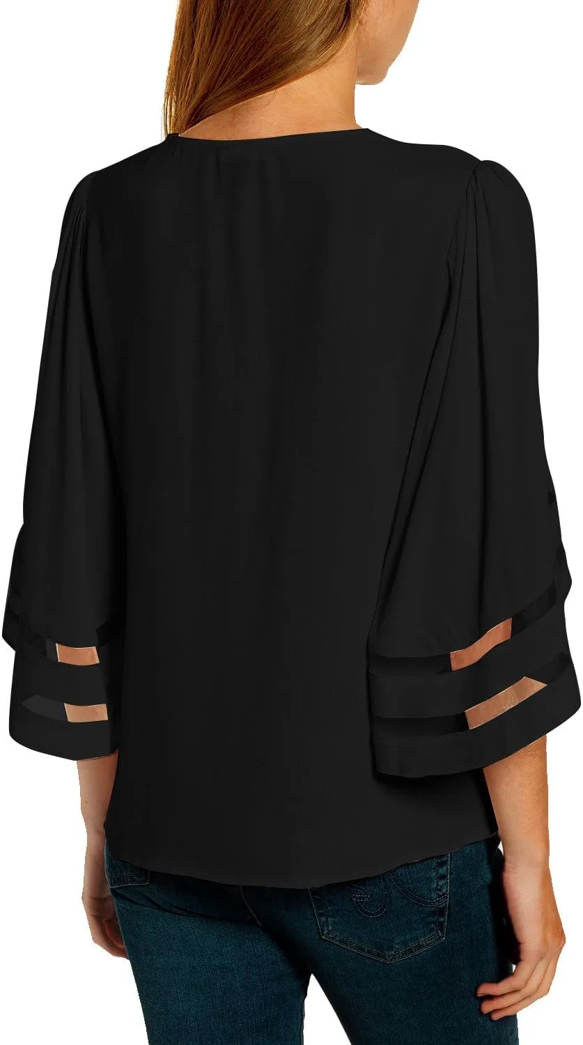 luvamia Women's Casual V Neck Blouse 3/4 Bell Sleeve Mesh Panel Shirts Loose Top