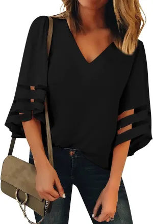 luvamia Women's Casual V Neck Blouse 3/4 Bell Sleeve Mesh Panel Shirts Loose Top