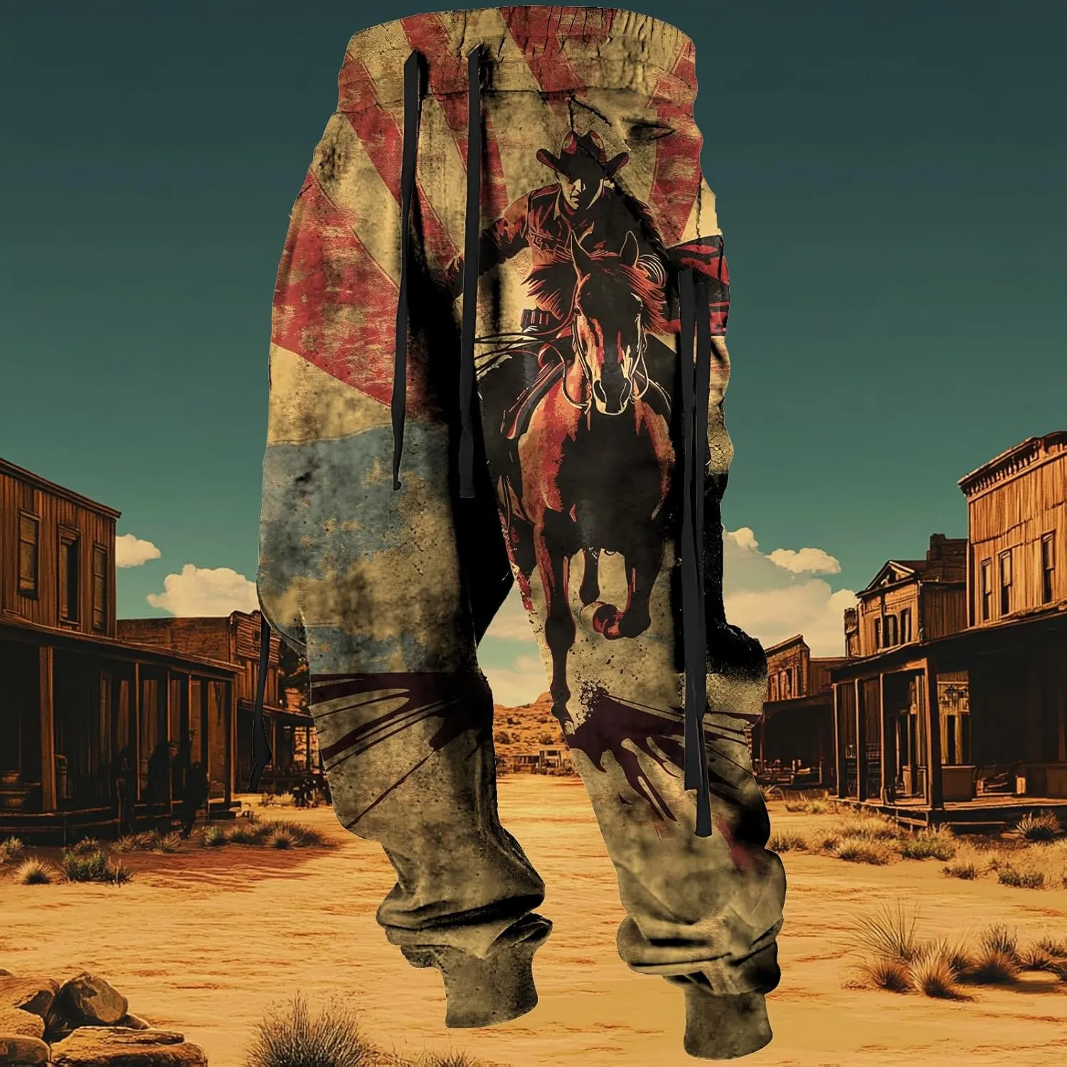 MARSVOVO Mens Western Aztec Pants Vintage Drawstring Fall Sweatpants with Pocket Cool Graphic Baggy Jogger Pants