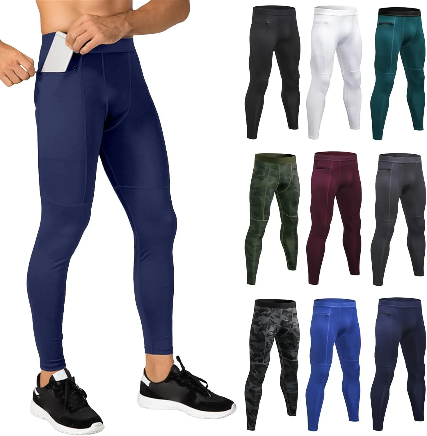 Men's Compression Pants with Zipper Pocket Workout Athletic Running Leggings Quick Dry Sports Baselayer Tights