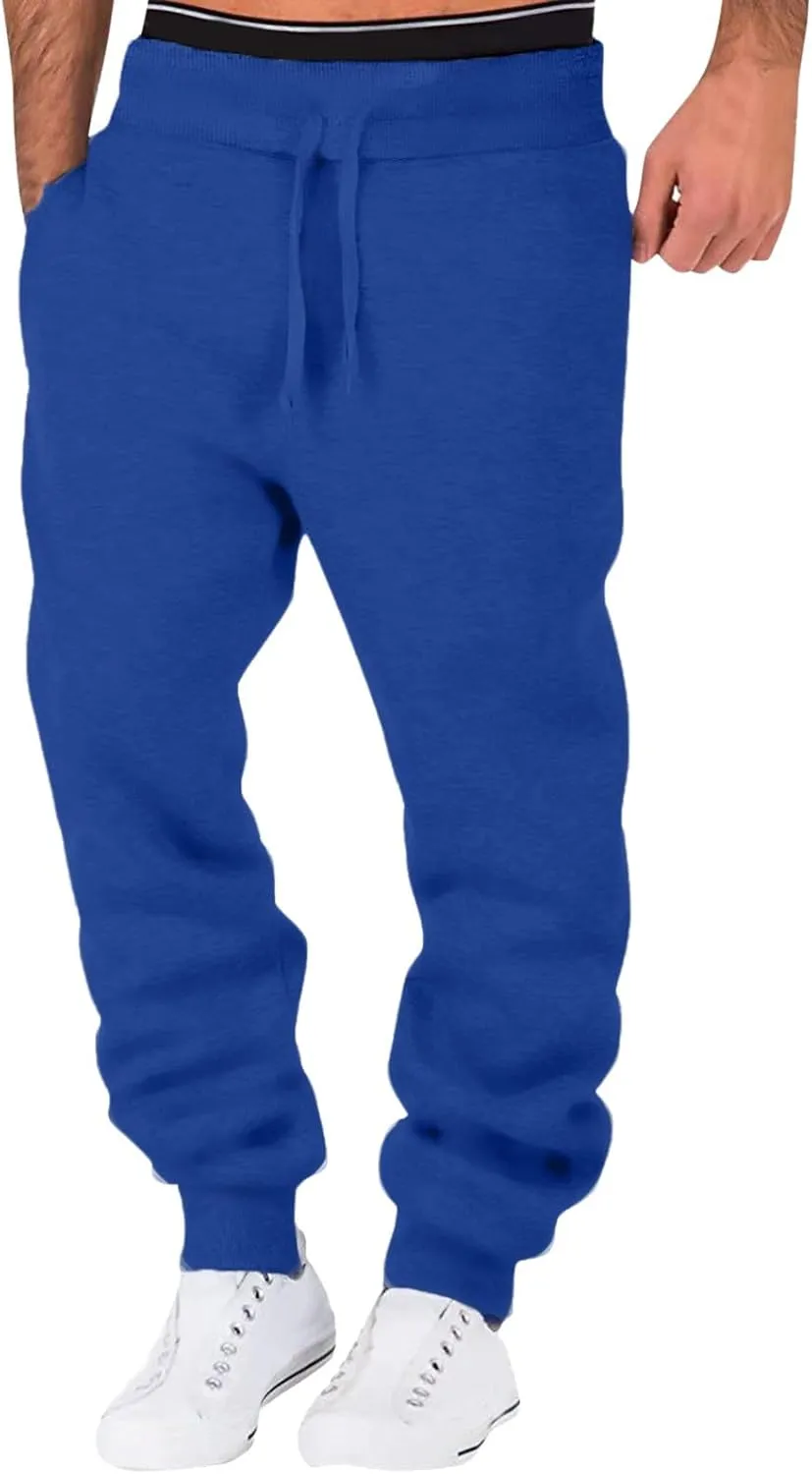 Men's Fleece Cargo Sweatpants Drawstring Loose Waist Solid Color Pants Pocket Active Athletic Workout Sweatpants Men