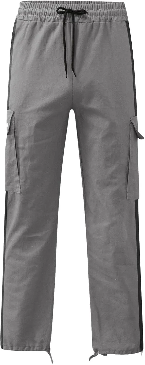 Men's Hiking Work Cargo Pants Drawstring Big and Tall Athletic Jogger Trousers Relaxed Fit Trousers with Multi Pockets