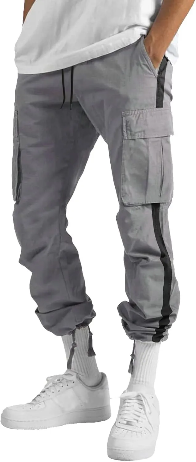 Men's Hiking Work Cargo Pants Drawstring Big and Tall Athletic Jogger Trousers Relaxed Fit Trousers with Multi Pockets