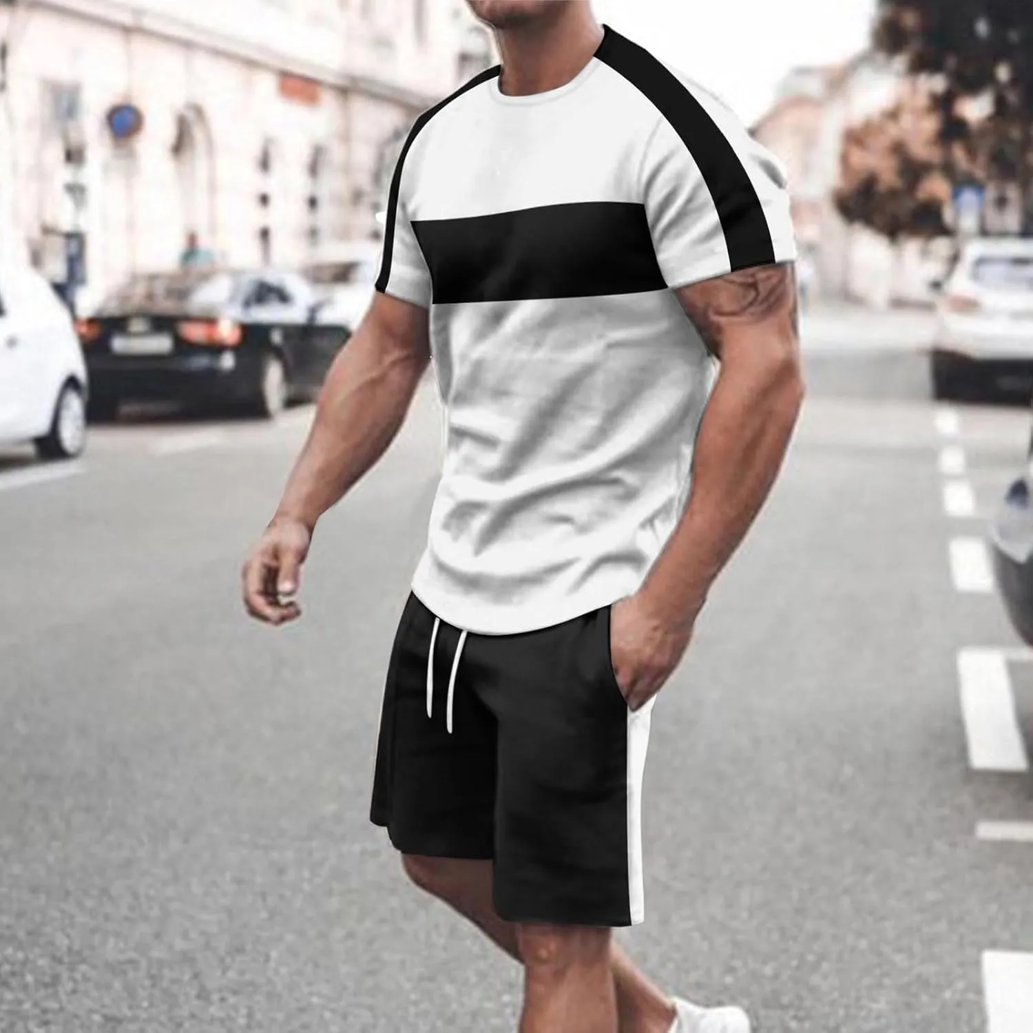 Mens Short Sleeve and Shorts Sets Two Piece Outfits Fashion Color Block Summer Tracksuit Men Workout Running Gym Wear