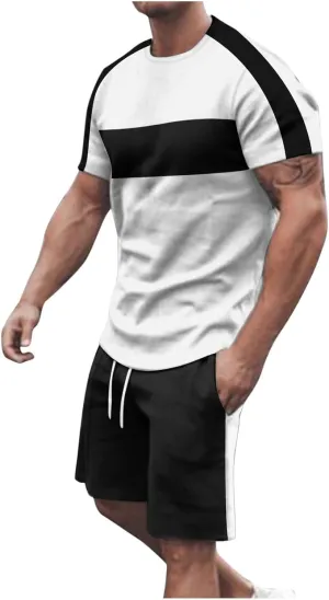 Mens Short Sleeve and Shorts Sets Two Piece Outfits Fashion Color Block Summer Tracksuit Men Workout Running Gym Wear