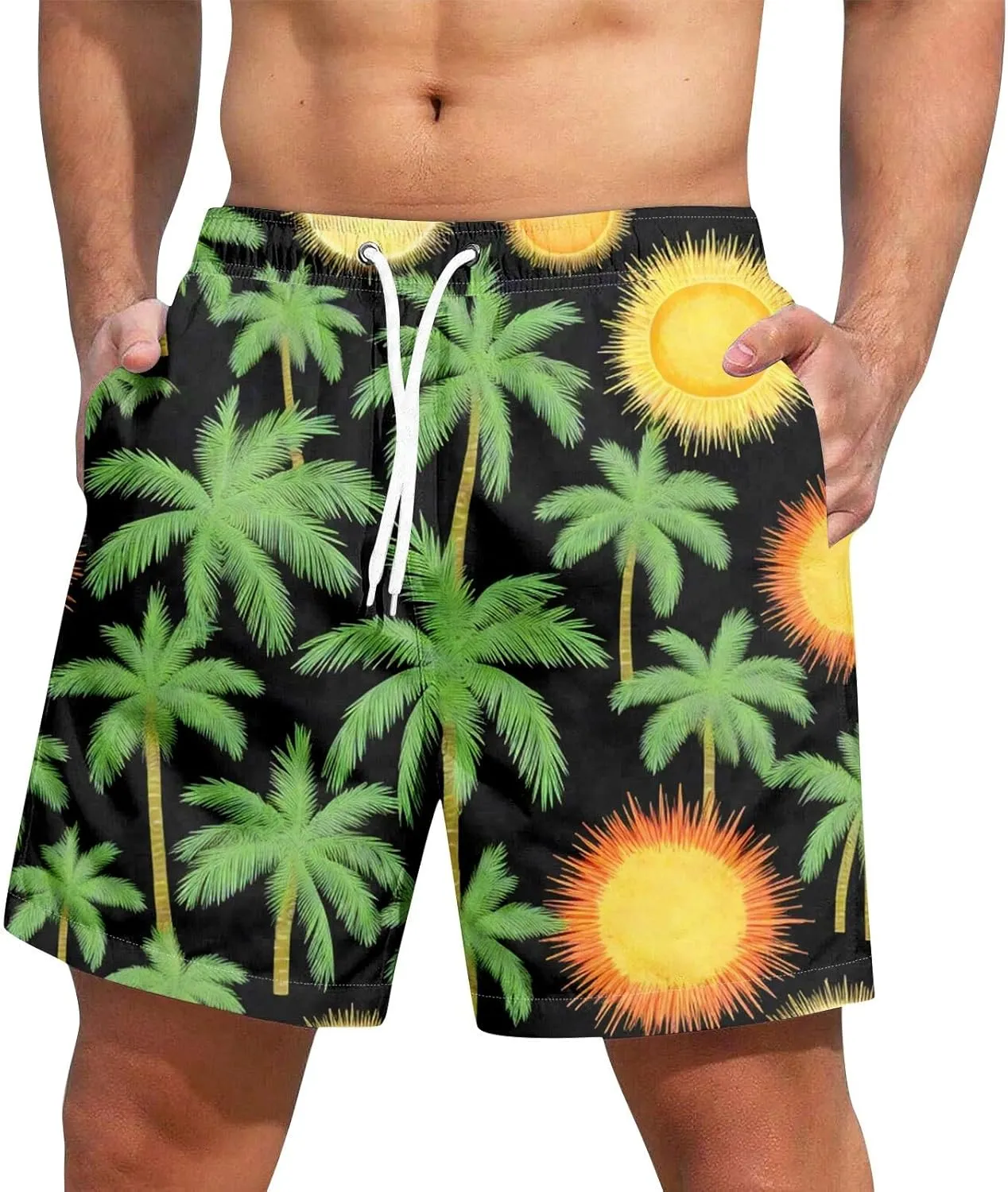 Men's Swim Trunks Hawaiian Quick Dry Swimming Bathing Suit with Pockets Stretchy Beach Board Shorts