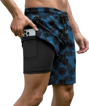 Mens Swim Trunks with Compression Liner Bathing Suits Quick Dry Beach Board Shorts with Zipper Pockets