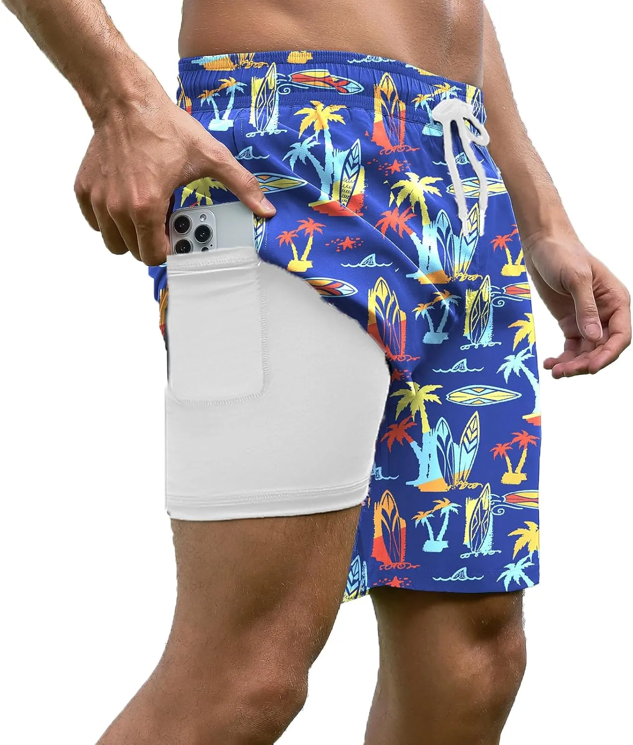 Mens Swim Trunks with Compression Liner Bathing Suits Quick Dry Beach Board Shorts with Zipper Pockets