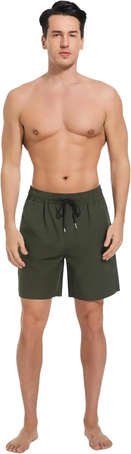 Mens Swim Trunks with Compression Liner Bathing Suits Quick Dry Beach Board Shorts with Zipper Pockets