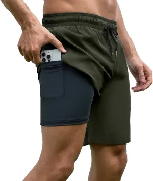 Mens Swim Trunks with Compression Liner Bathing Suits Quick Dry Beach Board Shorts with Zipper Pockets