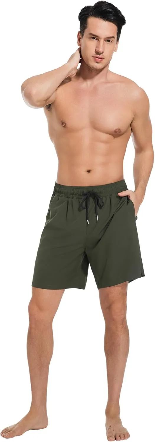 Mens Swim Trunks with Compression Liner Bathing Suits Quick Dry Beach Board Shorts with Zipper Pockets
