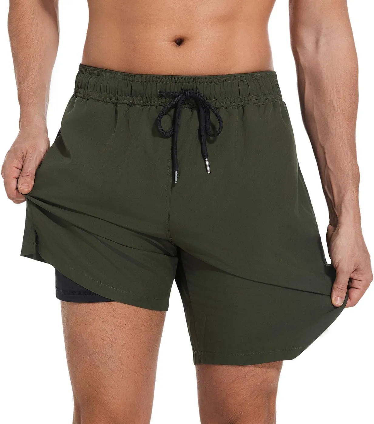 Mens Swim Trunks with Compression Liner Bathing Suits Quick Dry Beach Board Shorts with Zipper Pockets