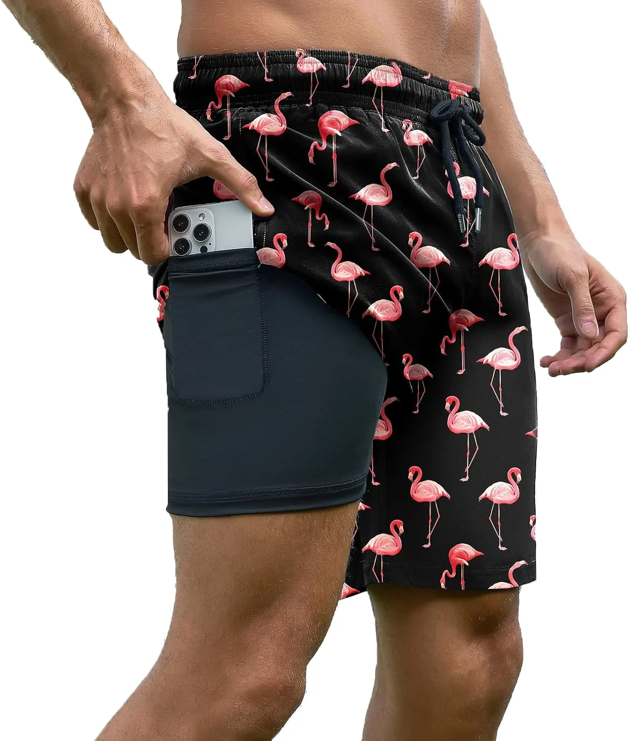 Mens Swim Trunks with Compression Liner Bathing Suits Quick Dry Beach Board Shorts with Zipper Pockets