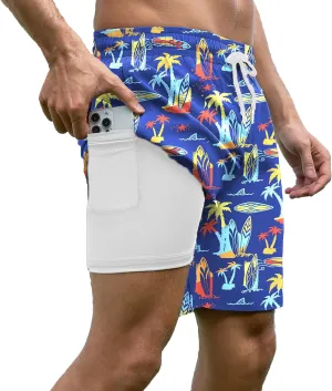 Mens Swim Trunks with Compression Liner Bathing Suits Quick Dry Beach Board Shorts with Zipper Pockets