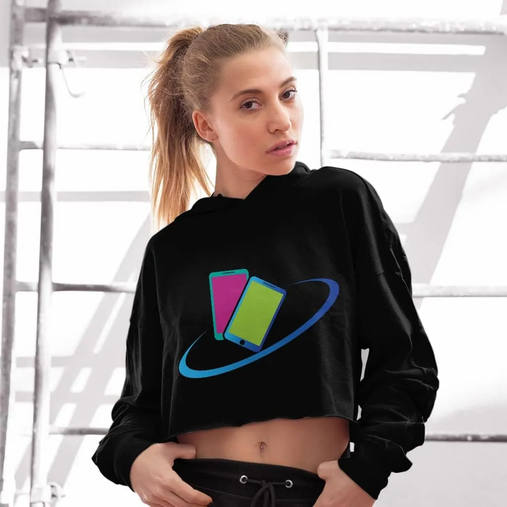 Mobile Device Women's Cropped Fleece Hoodie - Tech Cropped Hoodie for Women - Printed Hooded Sweatshirt