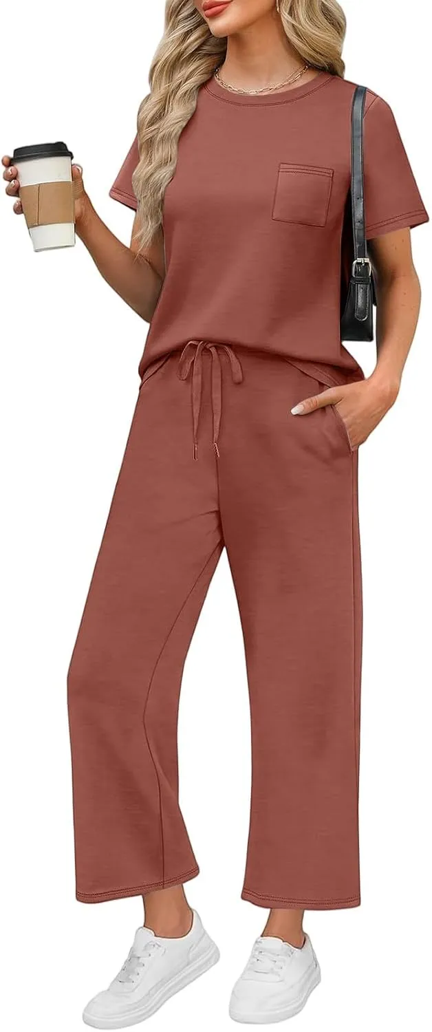 NBXNZWF 2 Piece Sets for Women Summer Casual Going Out Workout Loungewear Short Sleeve Wide Leg Crop Pants Travel Sets