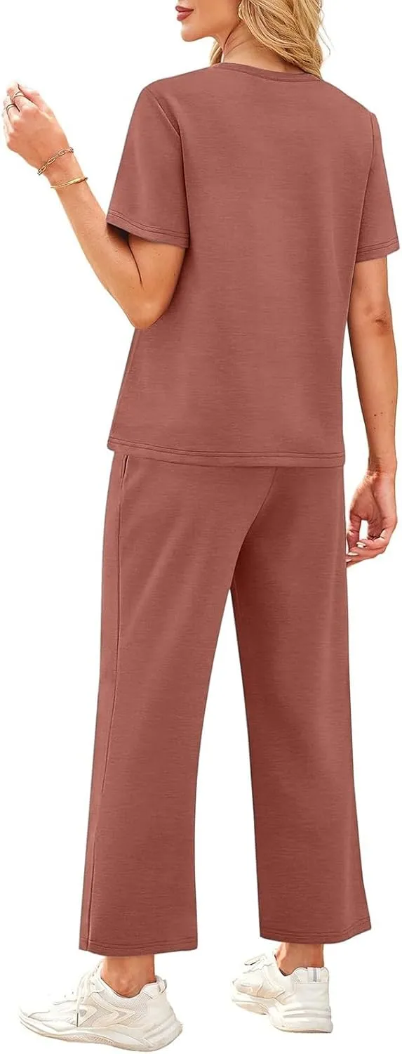 NBXNZWF 2 Piece Sets for Women Summer Casual Going Out Workout Loungewear Short Sleeve Wide Leg Crop Pants Travel Sets