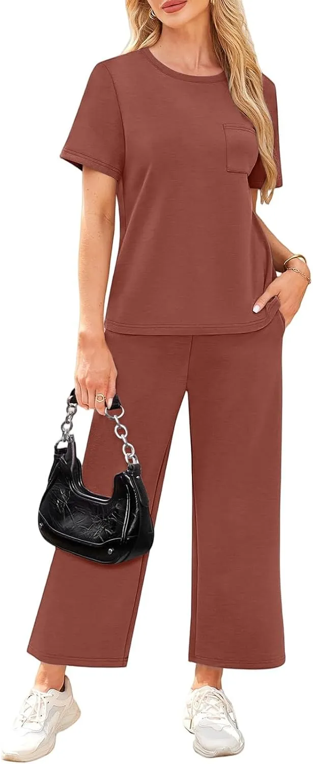 NBXNZWF 2 Piece Sets for Women Summer Casual Going Out Workout Loungewear Short Sleeve Wide Leg Crop Pants Travel Sets