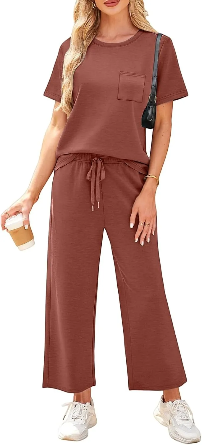 NBXNZWF 2 Piece Sets for Women Summer Casual Going Out Workout Loungewear Short Sleeve Wide Leg Crop Pants Travel Sets