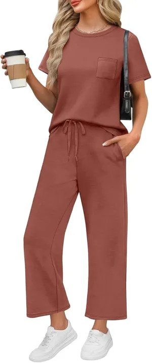NBXNZWF 2 Piece Sets for Women Summer Casual Going Out Workout Loungewear Short Sleeve Wide Leg Crop Pants Travel Sets