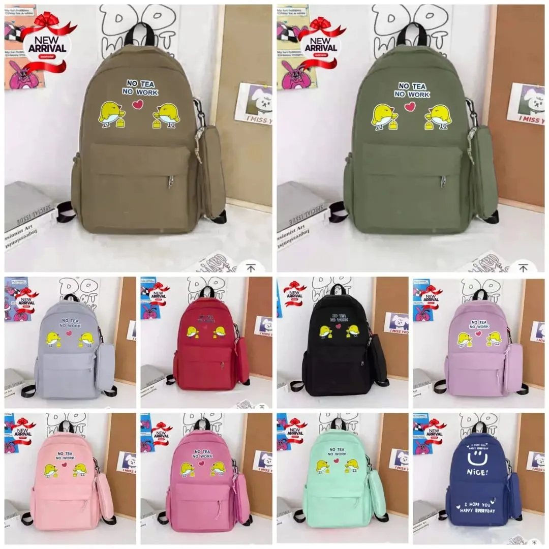 No Tea, No Work 2 Pcs Light Weight Parachute Imported Bag Set Printing Backpack Children School Bags Travel Backpack