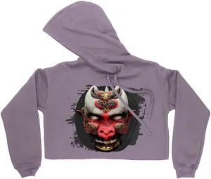Oni Mask Women's Cropped Fleece Hoodie - Japanese Cropped Hoodie for Women - Demon Hooded Sweatshirt