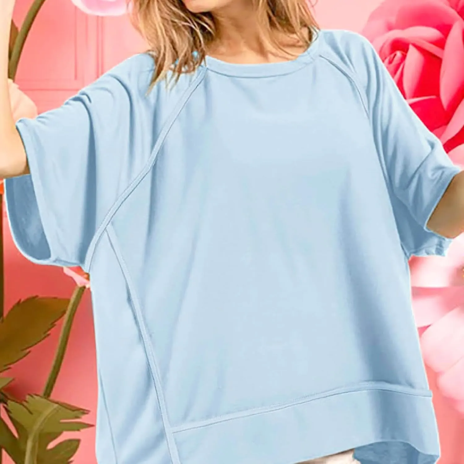 Oversized T Shirts for Women Crewneck Short Sleeve Casual Summer Tunic Tops Trendy Solid Loose Fit High Low Blouses