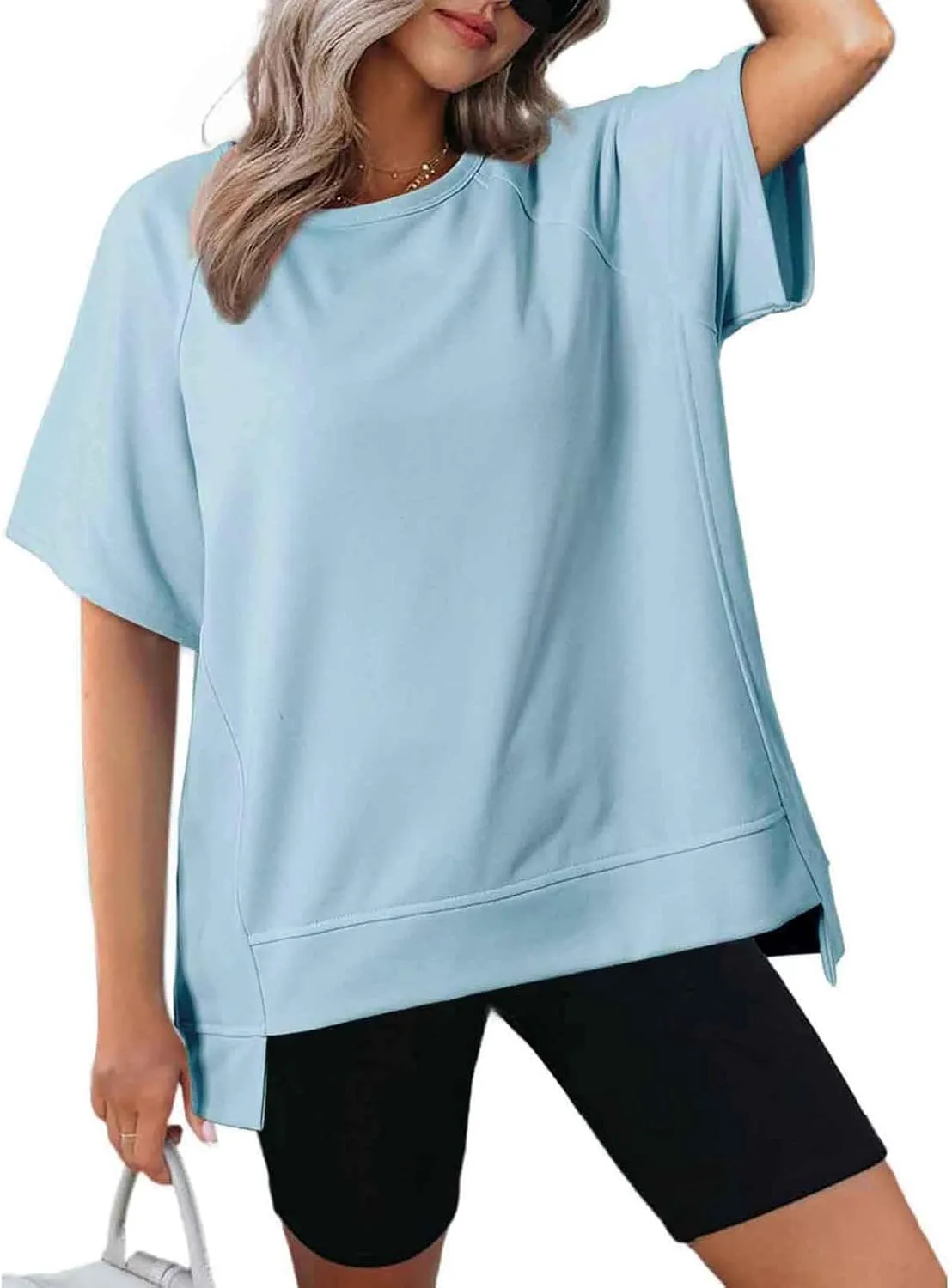 Oversized T Shirts for Women Crewneck Short Sleeve Casual Summer Tunic Tops Trendy Solid Loose Fit High Low Blouses