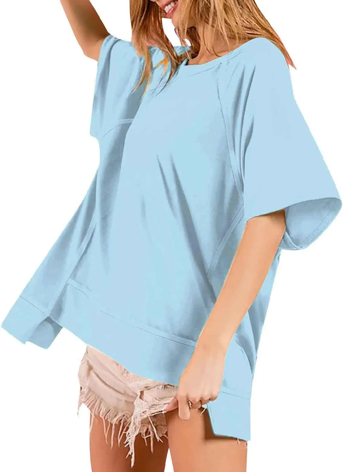 Oversized T Shirts for Women Crewneck Short Sleeve Casual Summer Tunic Tops Trendy Solid Loose Fit High Low Blouses