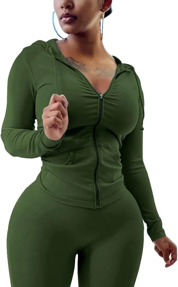 PINSV Women Two Piece Outfits Workout Sets Bodycon Tracksuit Long Sleeve Zip Up Hoodie Jacket Jogger Matching Sweat Pants Set