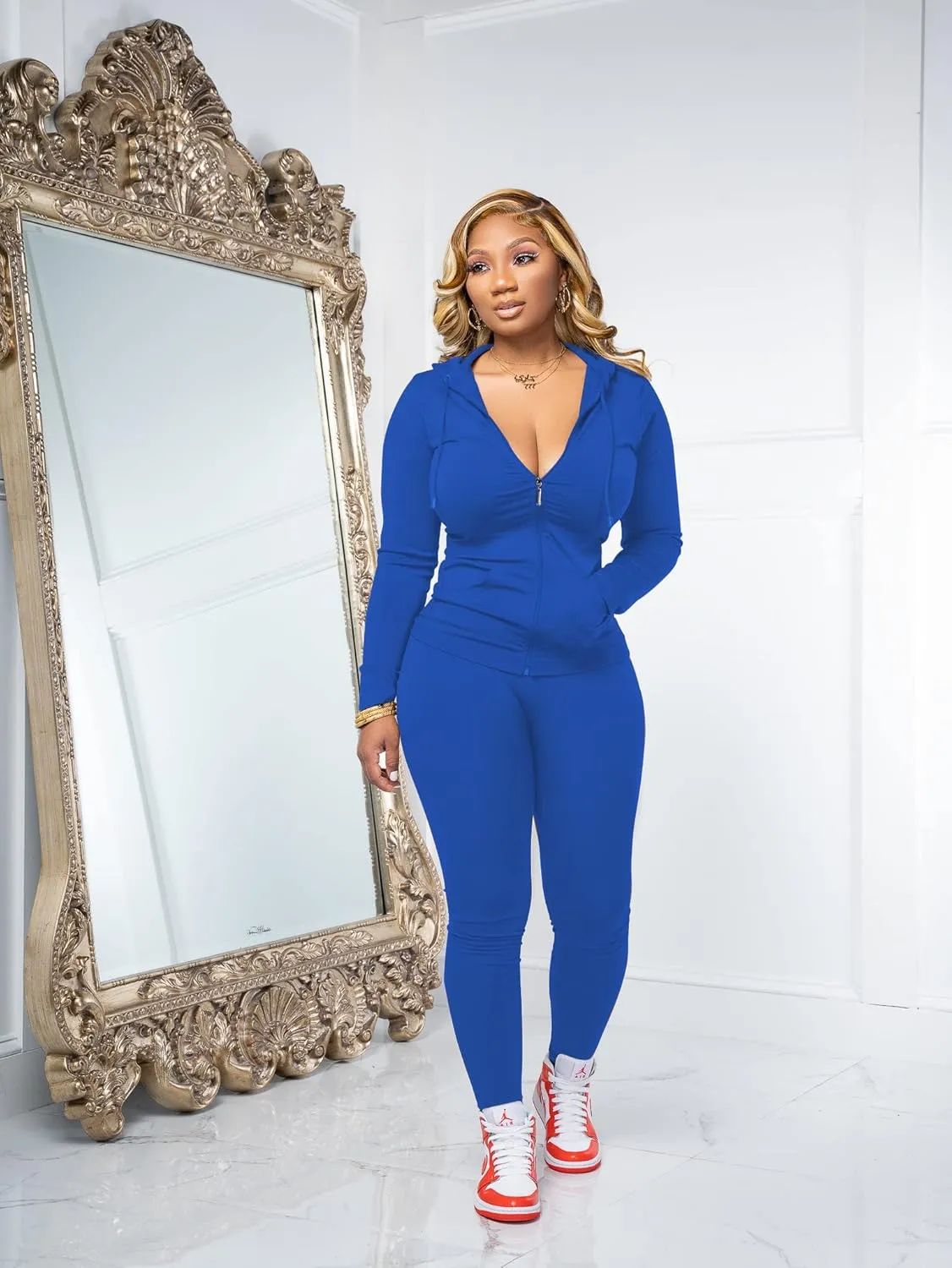 PINSV Women Two Piece Outfits Workout Sets Bodycon Tracksuit Long Sleeve Zip Up Hoodie Jacket Jogger Matching Sweat Pants Set