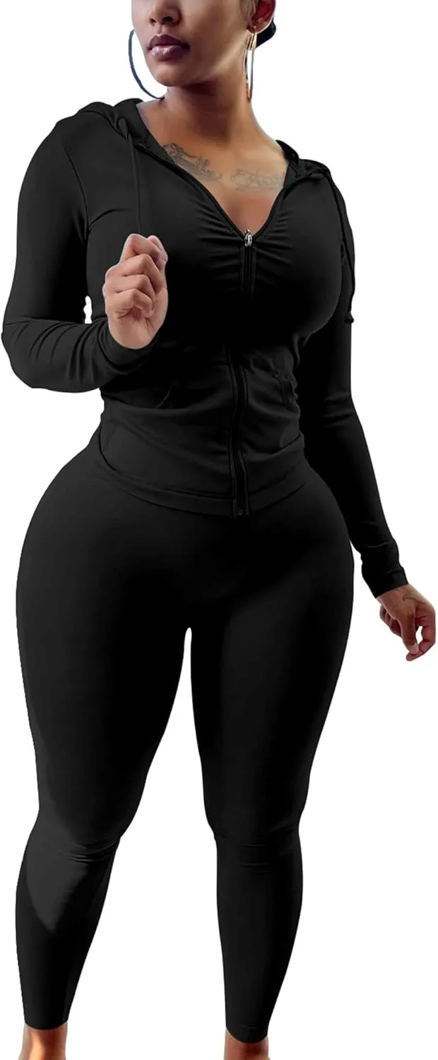 PINSV Women Two Piece Outfits Workout Sets Bodycon Tracksuit Long Sleeve Zip Up Hoodie Jacket Jogger Matching Sweat Pants Set