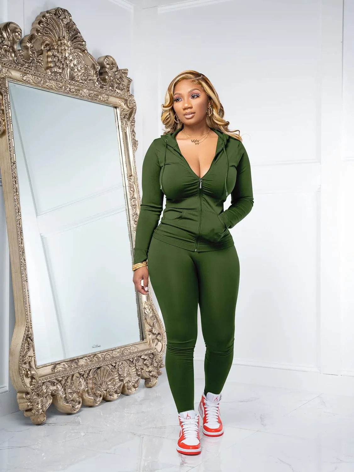PINSV Women Two Piece Outfits Workout Sets Bodycon Tracksuit Long Sleeve Zip Up Hoodie Jacket Jogger Matching Sweat Pants Set