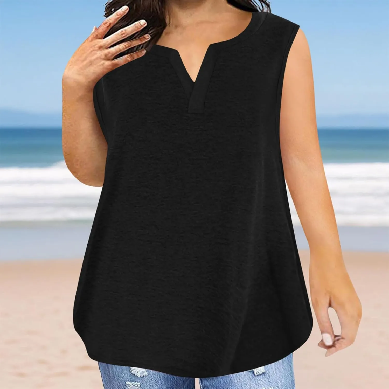 Plus Size Tank Tops for Women Cute V Neck Sleeveless Shirts Trendy Summer Oversized Blouses Casual Loose Fit Tunics