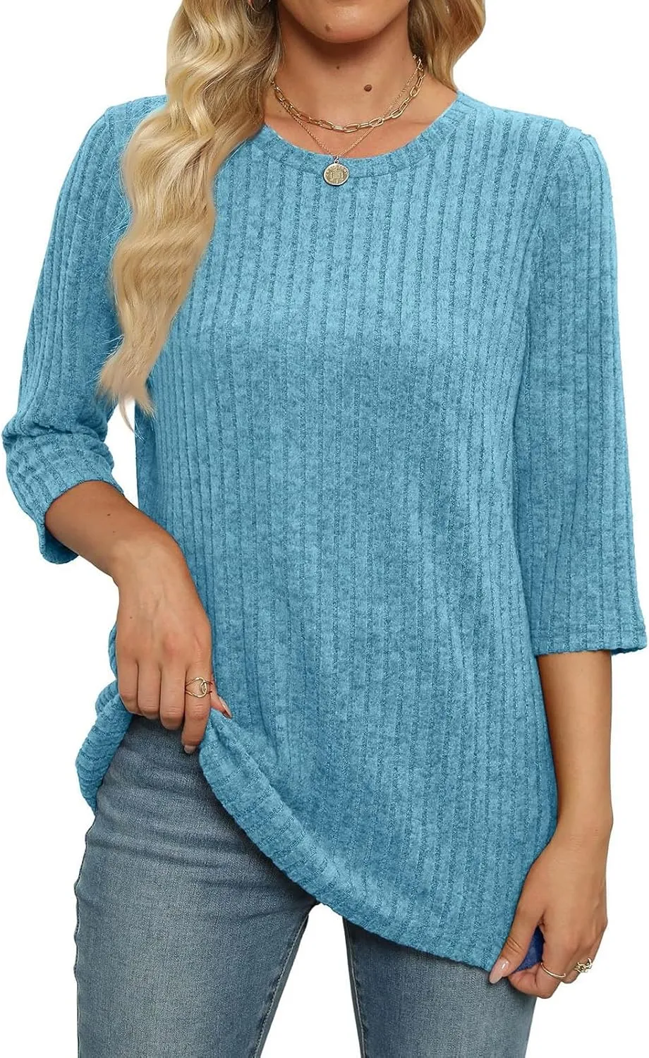 Plus Size Tops for Women 3/4 Sleeve Winter Ribbed Knit Oversized Shirts Light Sweaters Sweatshirts 2024