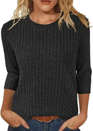 Plus Size Tops for Women 3/4 Sleeve Winter Ribbed Knit Oversized Shirts Light Sweaters Sweatshirts 2024