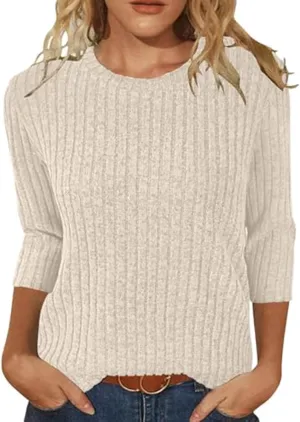 Plus Size Tops for Women 3/4 Sleeve Winter Ribbed Knit Oversized Shirts Light Sweaters Sweatshirts 2024