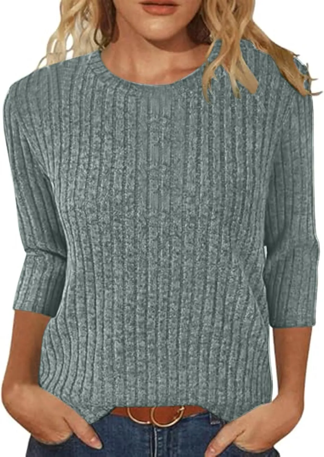 Plus Size Tops for Women 3/4 Sleeve Winter Ribbed Knit Oversized Shirts Light Sweaters Sweatshirts 2024