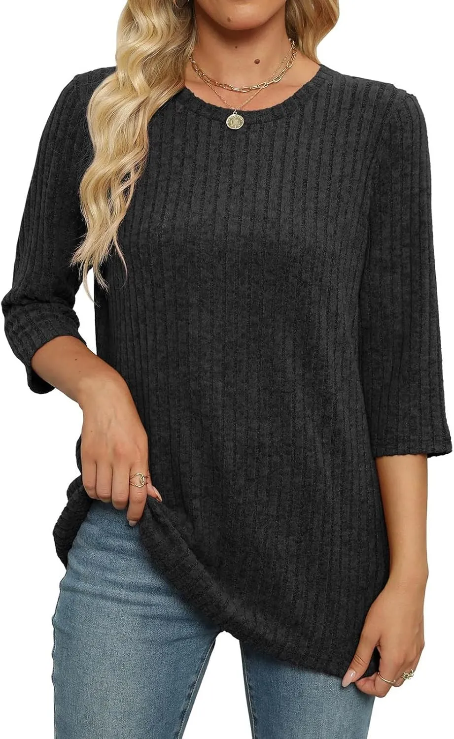 Plus Size Tops for Women 3/4 Sleeve Winter Ribbed Knit Oversized Shirts Light Sweaters Sweatshirts 2024