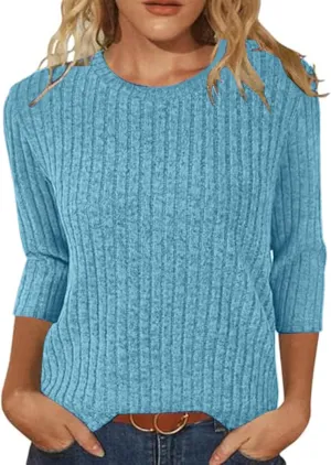 Plus Size Tops for Women 3/4 Sleeve Winter Ribbed Knit Oversized Shirts Light Sweaters Sweatshirts 2024