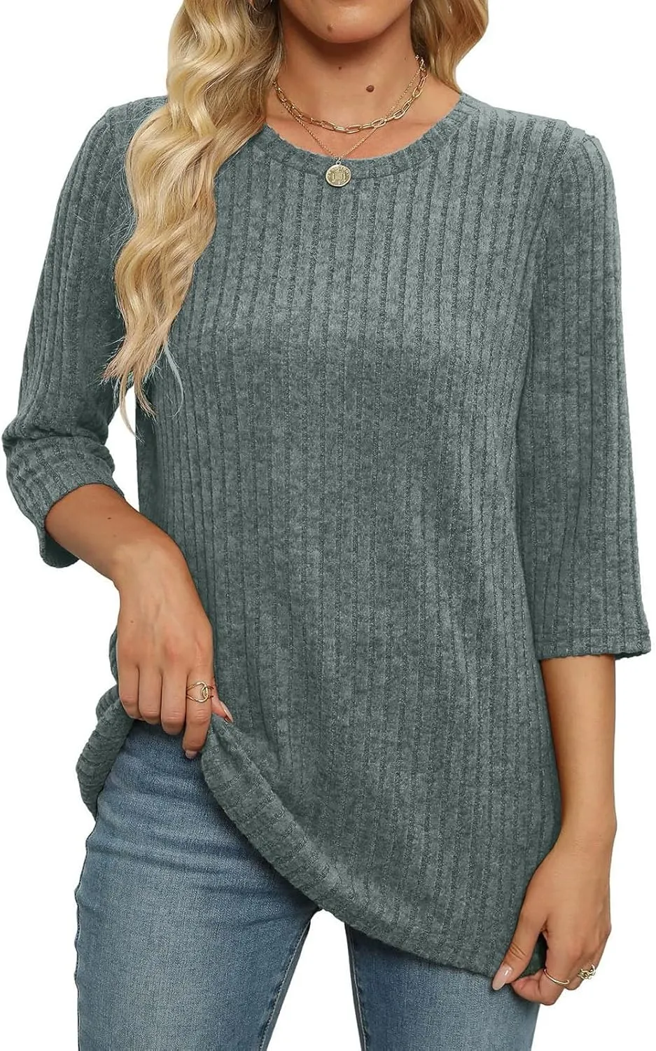 Plus Size Tops for Women 3/4 Sleeve Winter Ribbed Knit Oversized Shirts Light Sweaters Sweatshirts 2024