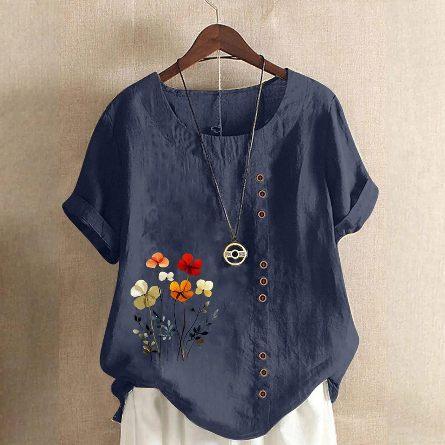 Plus Size Tops for Women Round Neck Cotton Linen Short Sleeve Blouse Summer Floral Print Casual Loose Tee Shirts