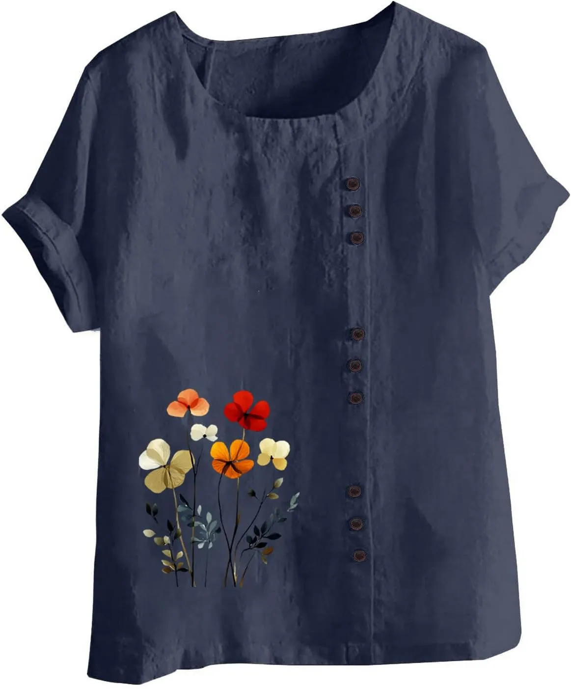 Plus Size Tops for Women Round Neck Cotton Linen Short Sleeve Blouse Summer Floral Print Casual Loose Tee Shirts