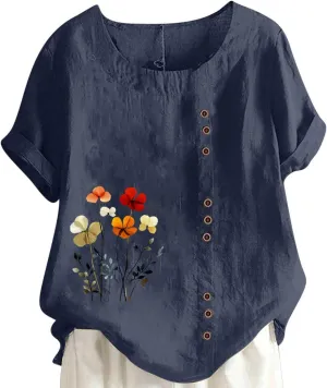 Plus Size Tops for Women Round Neck Cotton Linen Short Sleeve Blouse Summer Floral Print Casual Loose Tee Shirts