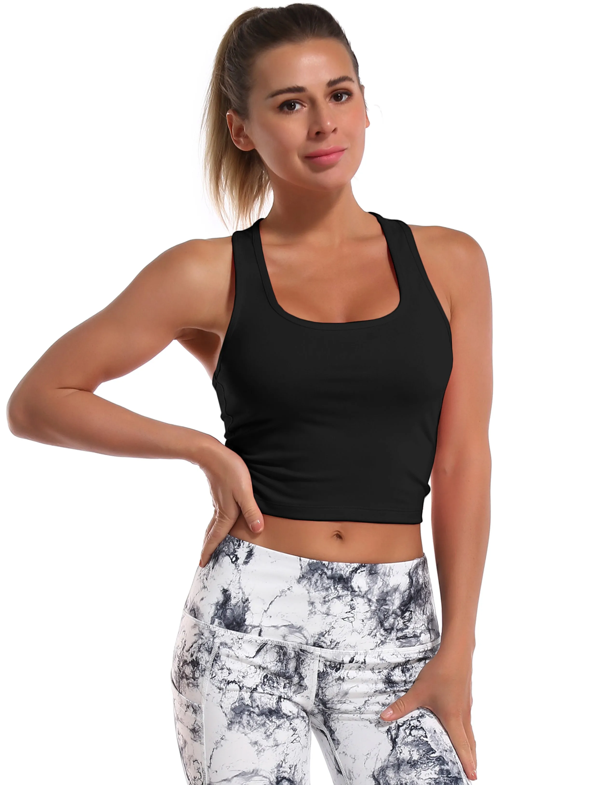 Racerback Athletic Crop Tank Tops black_Plus Size