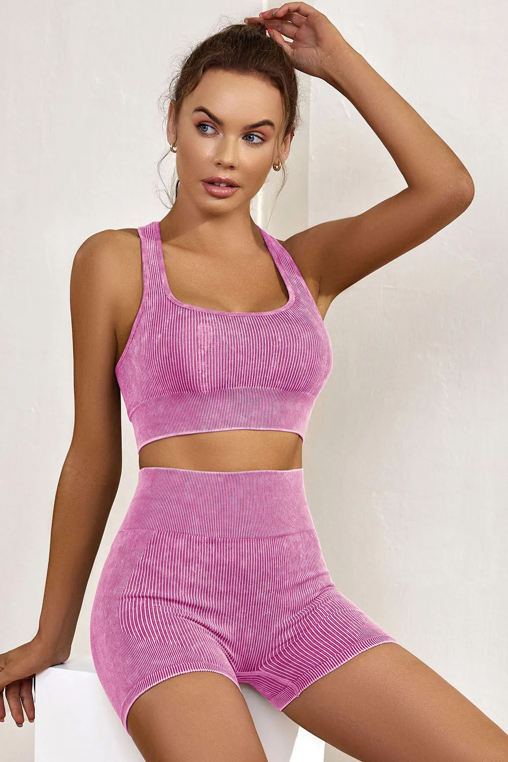 Red Seamless Ribbed Knit Butt Lifter Yoga Shorts