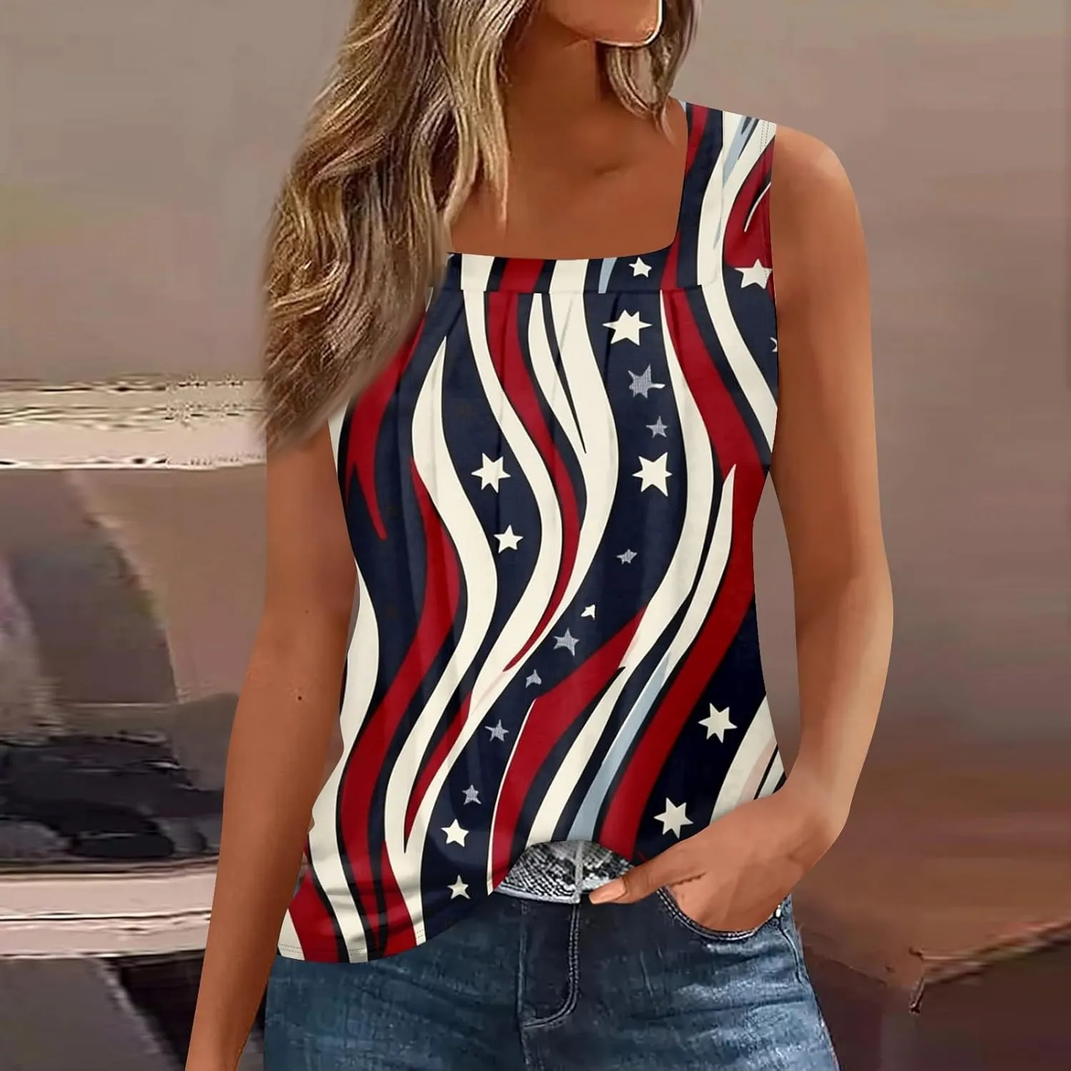 Red White and Blue Tank Top Women Pleated Square Neck Sleeveless Tops Loose Fit Curved Hem Flowy American Flag Shirt